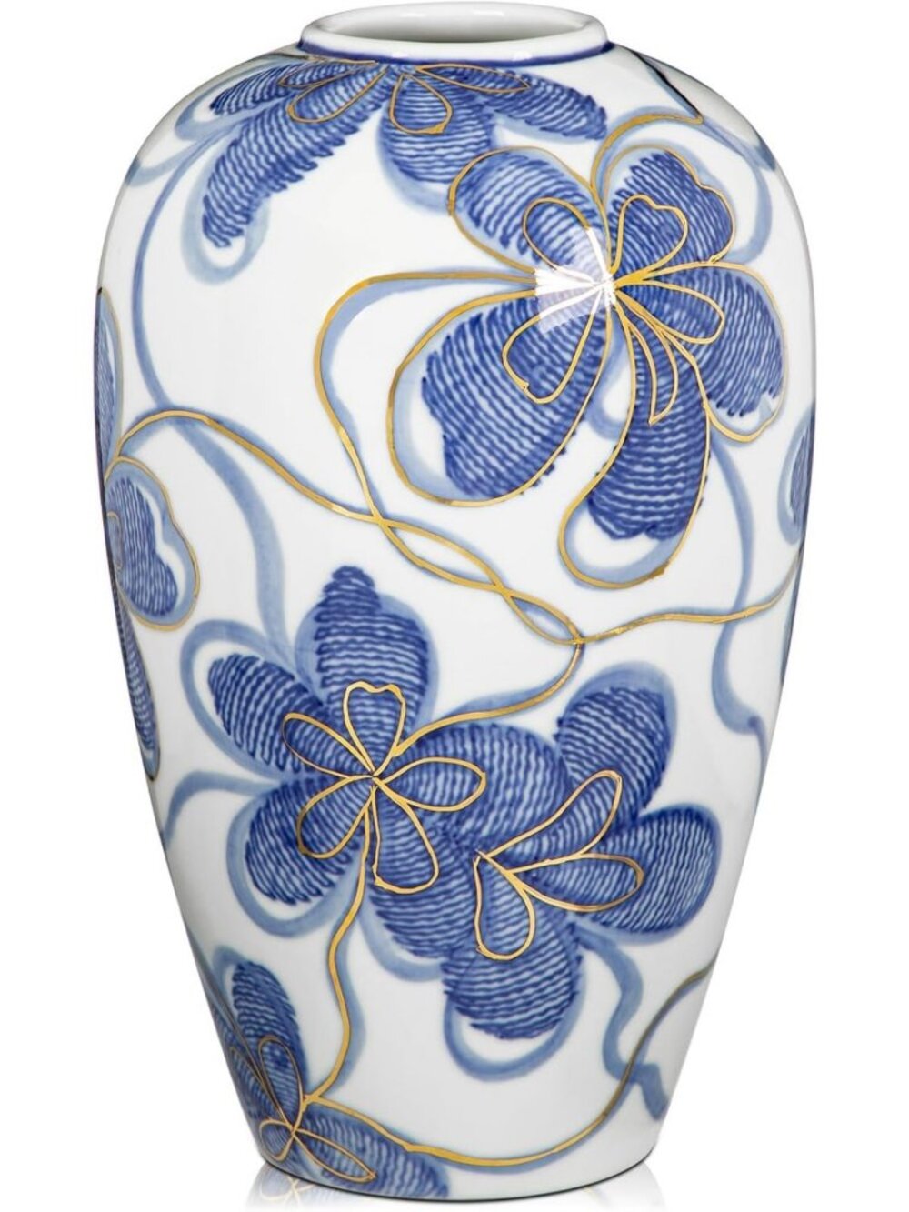 Hand-Painted Blue & White Ceramic Flower Vase with Gold Accents - 9" Chinoiserie